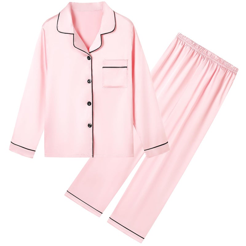 Umeyda Girls Pajamas Set, 2 Piece PJS Set Satin Silk Button Down Sleepwear Loungewear Outfit for Teen Kids Boys Girls, Baby Pink, 9-10 Years = Tag 150 - Image 1